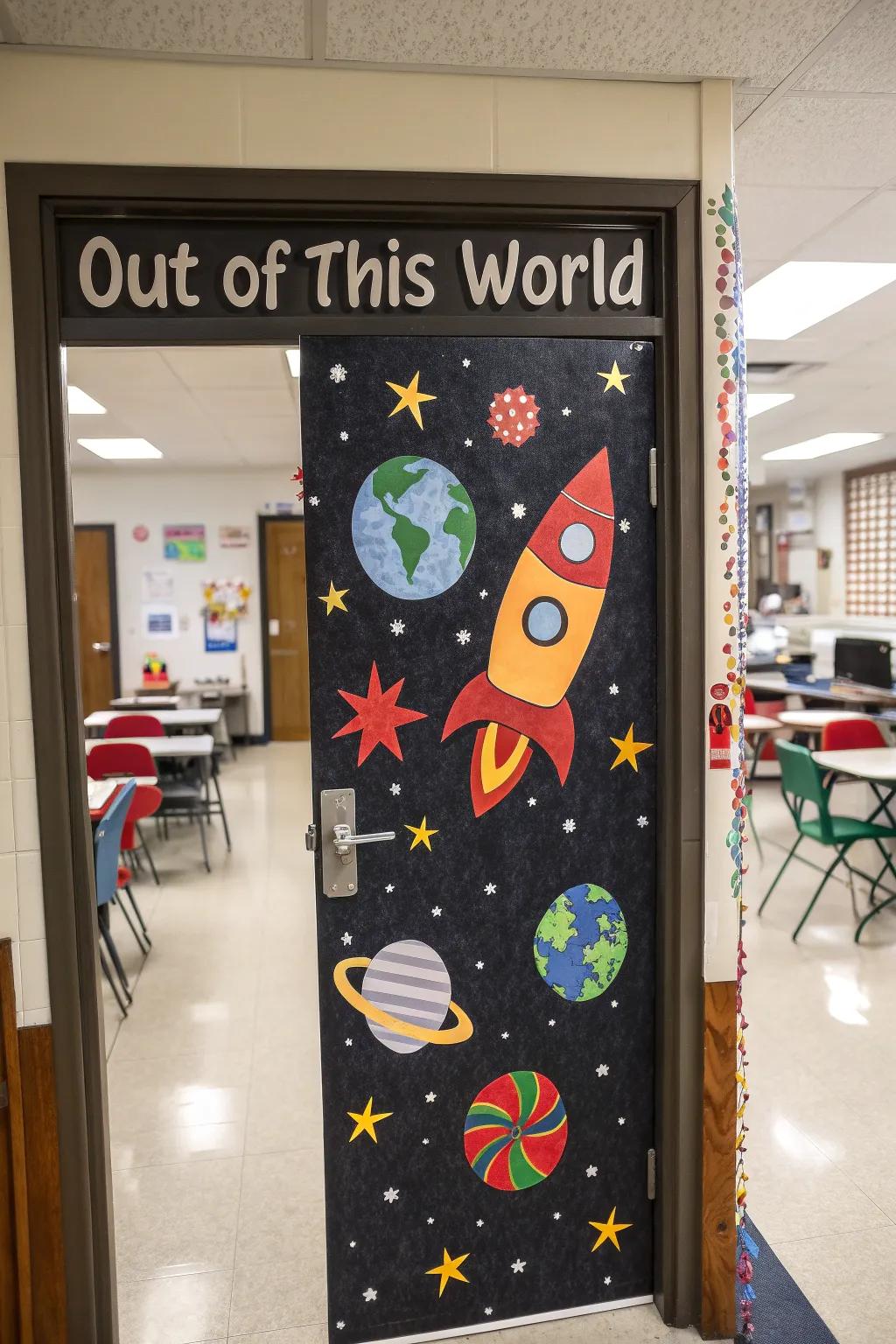A space-themed door that makes teachers feel out of this world