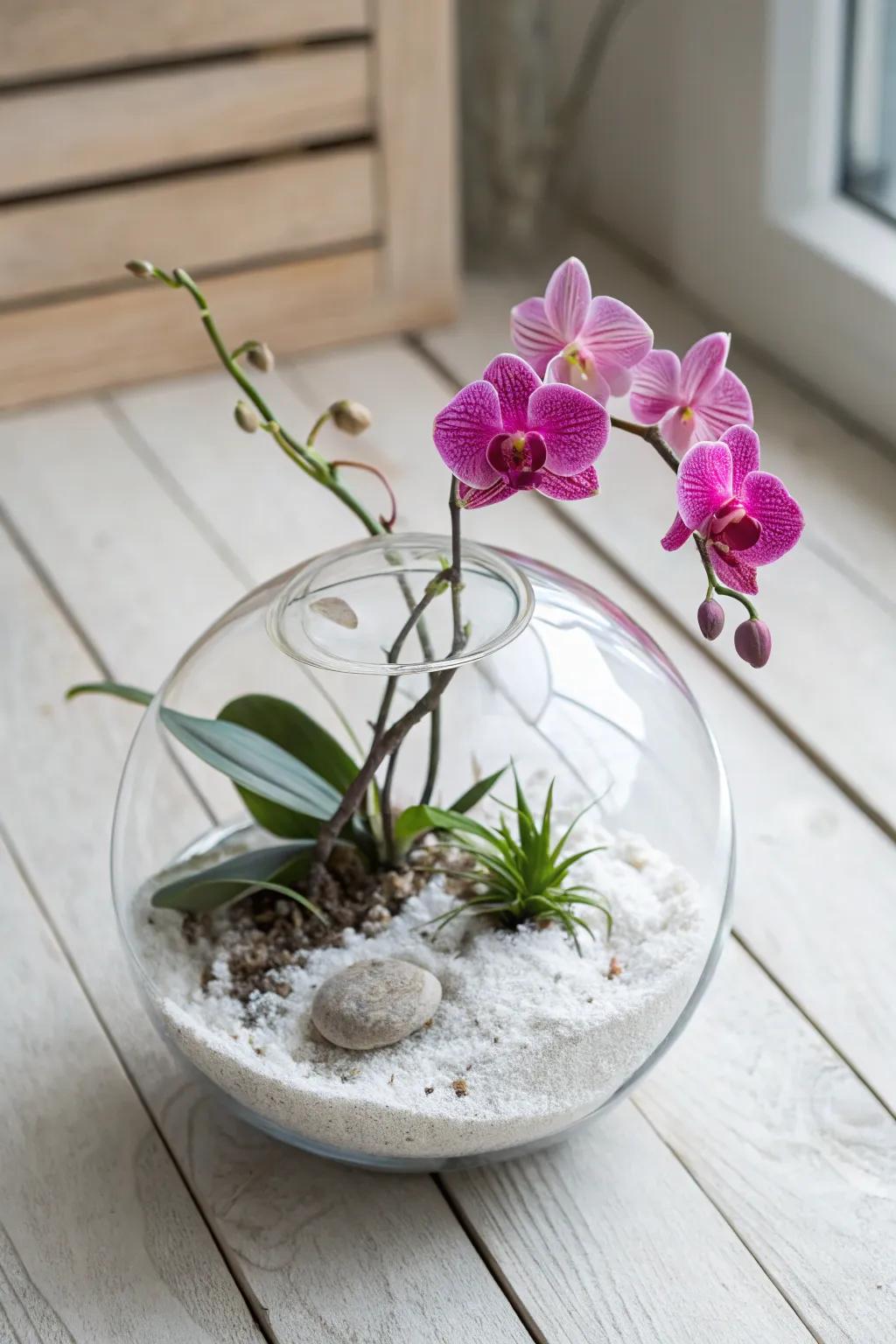 Embrace simplicity and elegance with a minimalist orchid terrarium, where nature's beauty meets Scandinavian design.