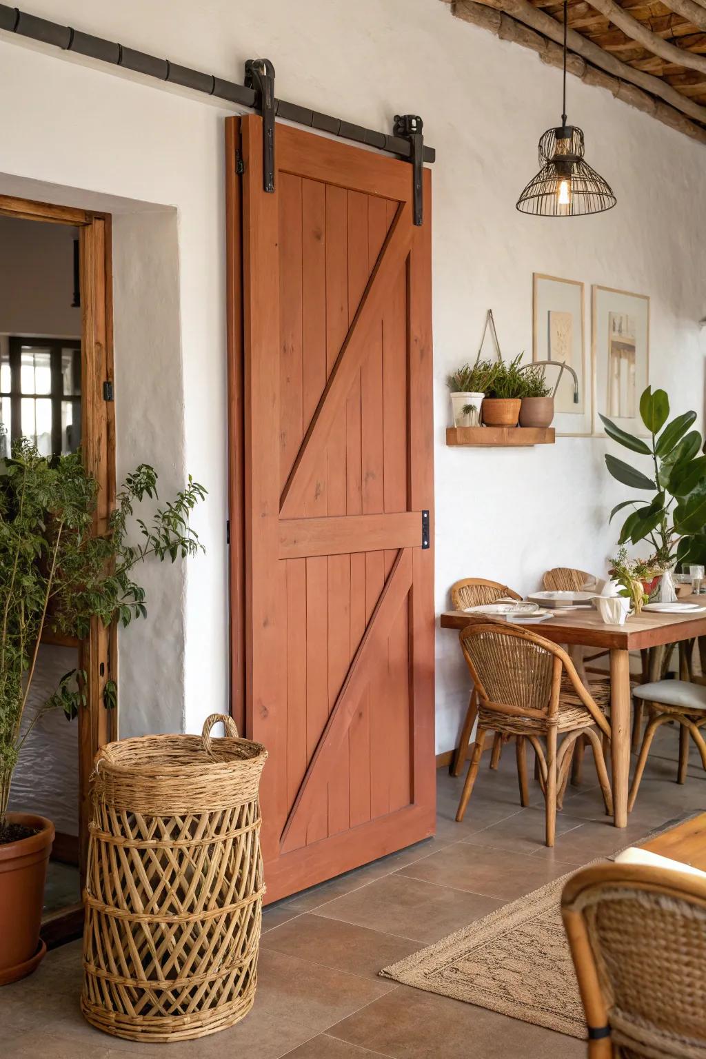 Terracotta barn doors create a warm, earthy feel.