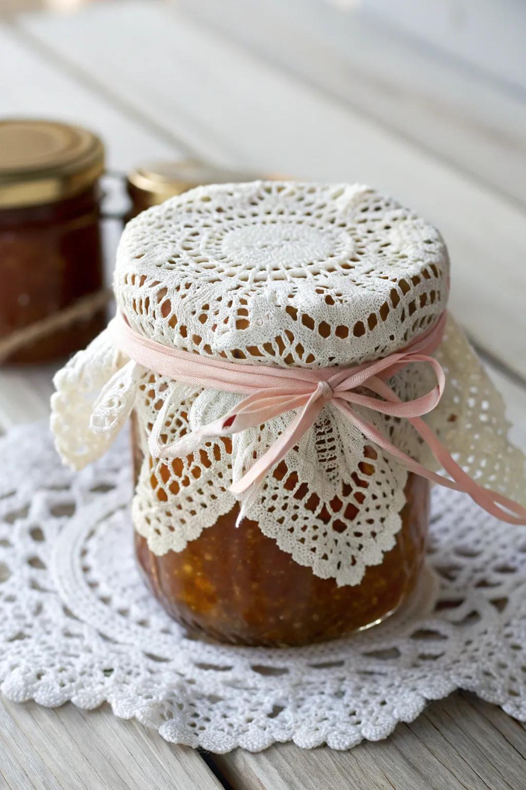 Elevate your homemade gifts with elegant doily mason jar covers.