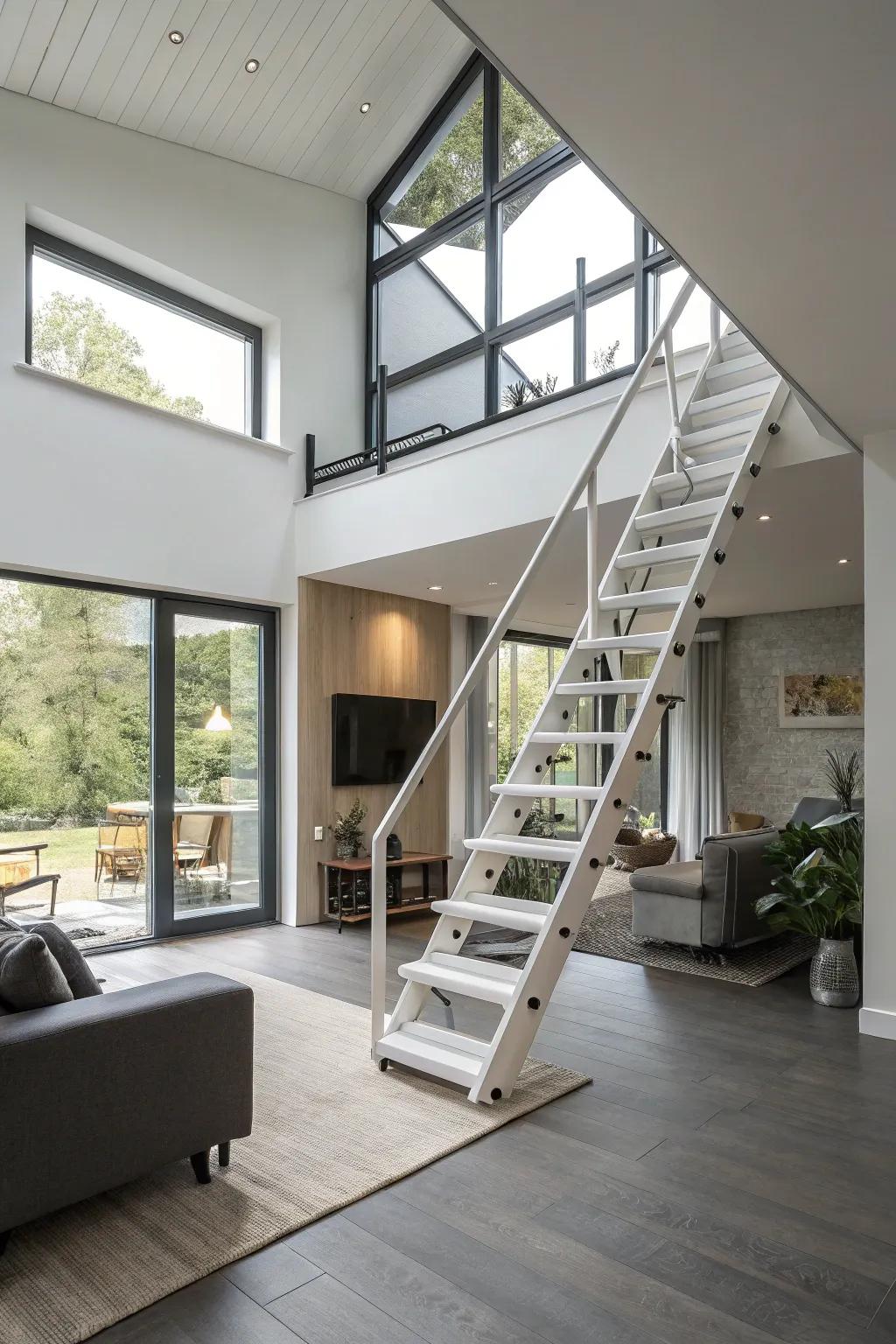 Retractable stairs fold away, saving space and keeping the room uncluttered.