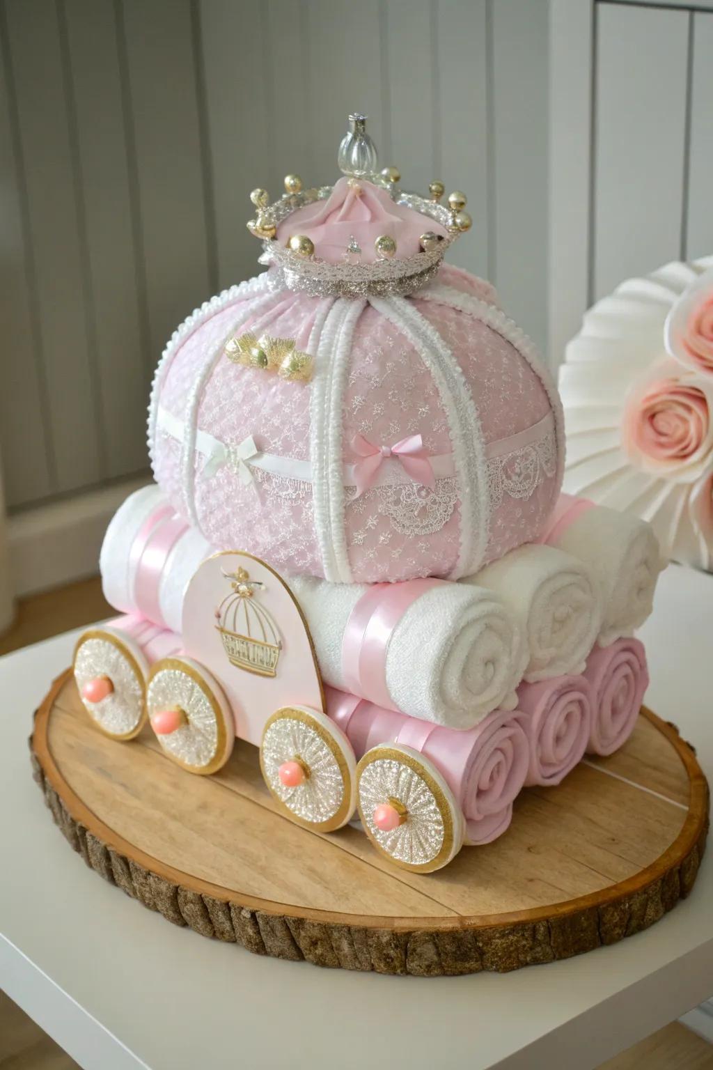 Enchant your little princess's celebration with a Cinderella-inspired diaper cake carriage!