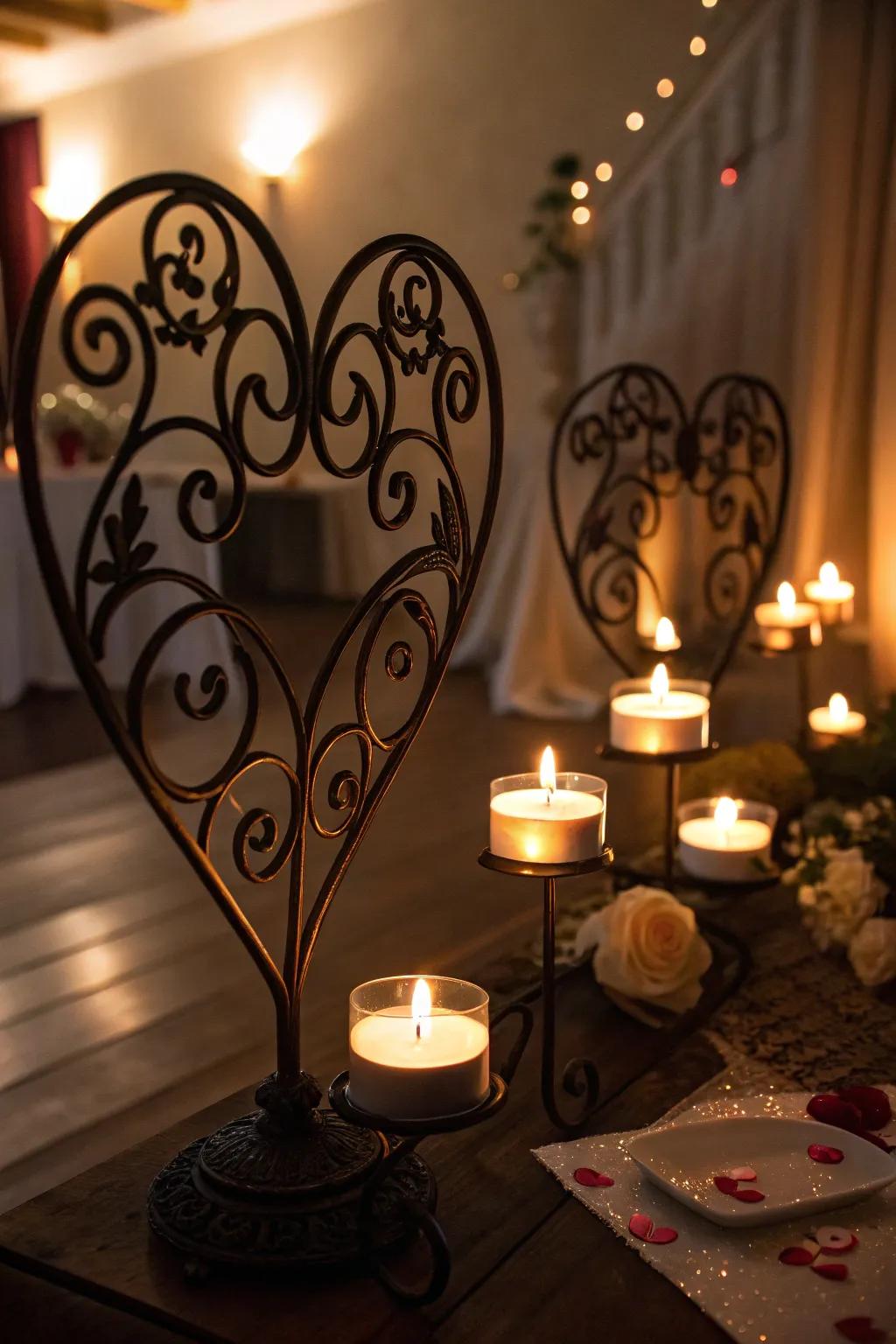 Heart-silhouette candles setting a romantic mood.