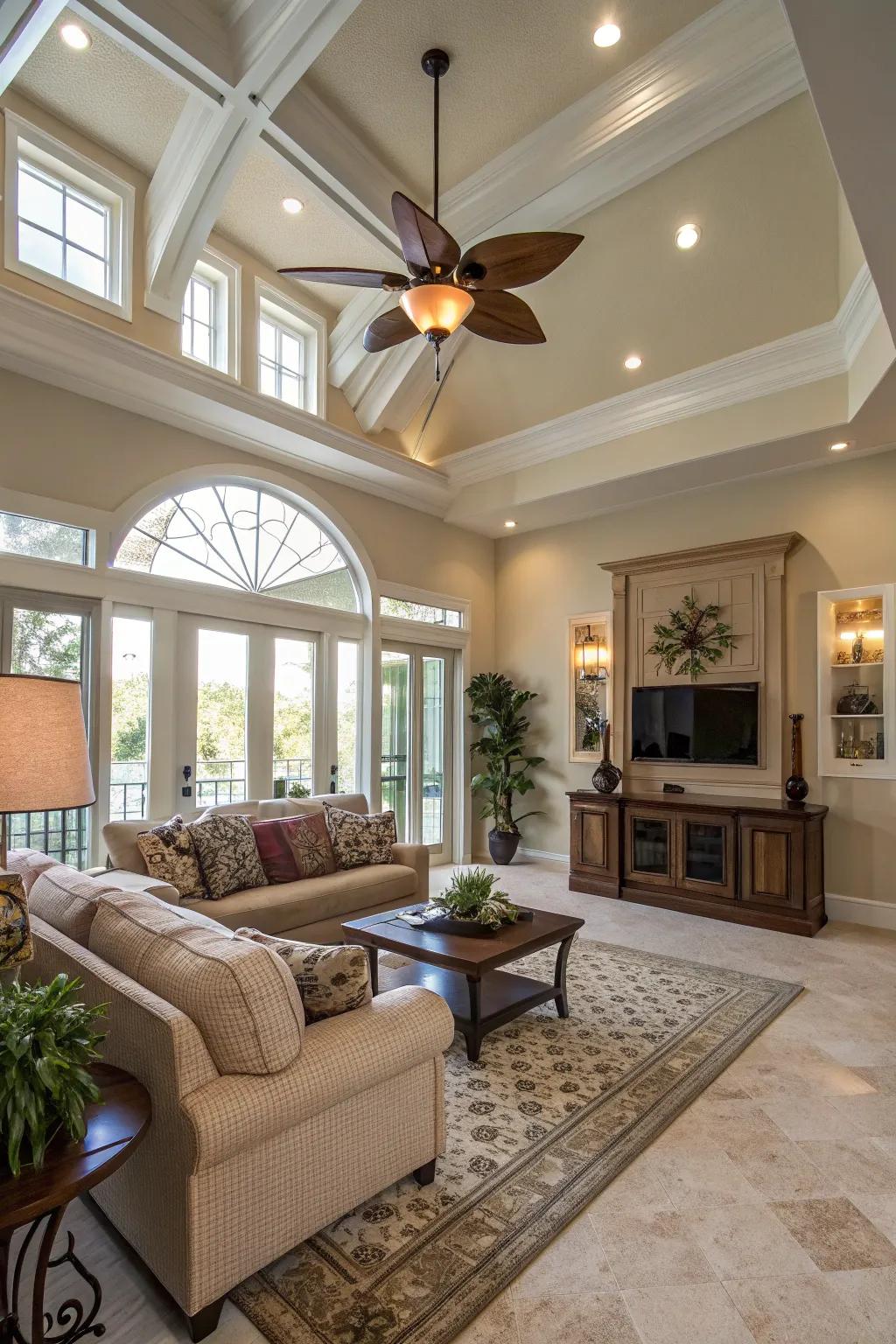 Ceiling fans with lights offer dual functionality for large spaces.