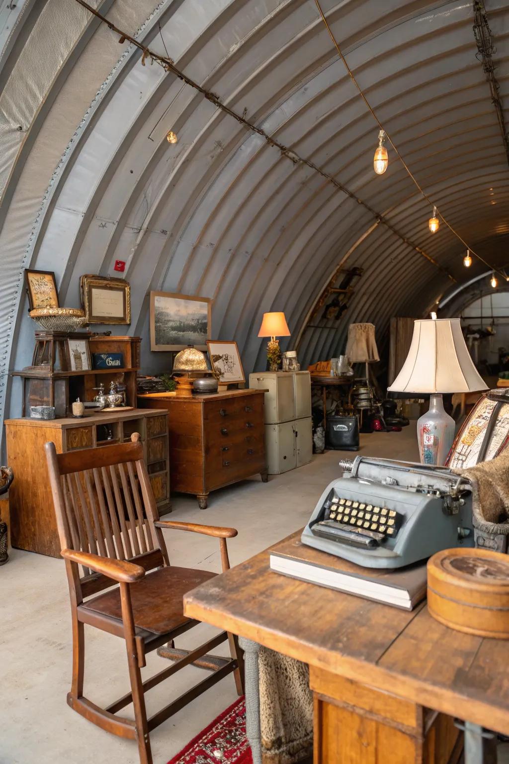 A vintage-inspired workshop inside a Quonset hut.