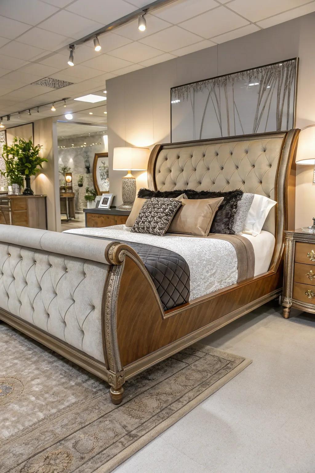 A mix of materials gives this sleigh bed a distinctive and modern look.
