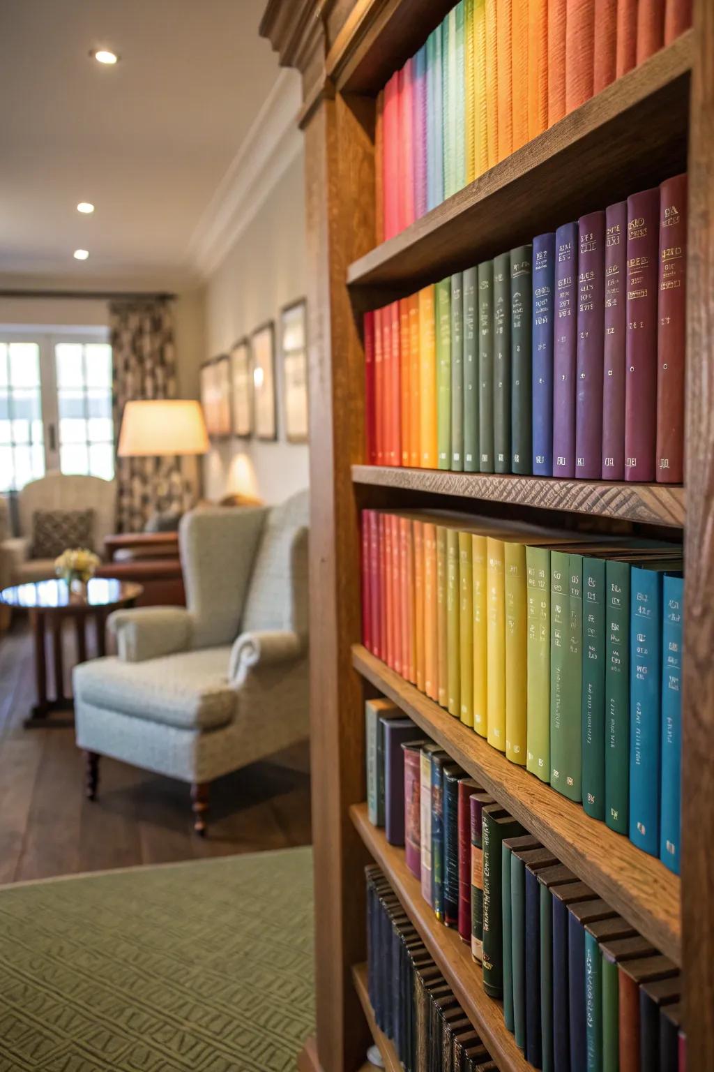 A rainbow bookshelf offers both organization and style.