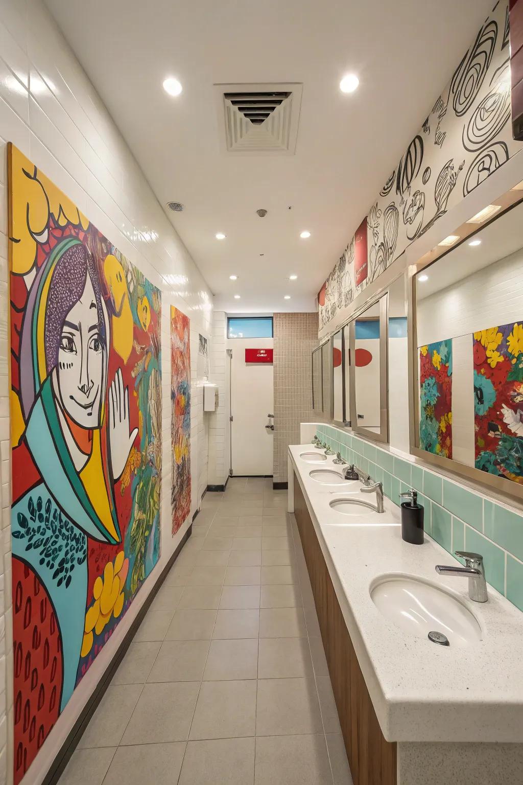 Artwork brings character and color to a long bathroom.