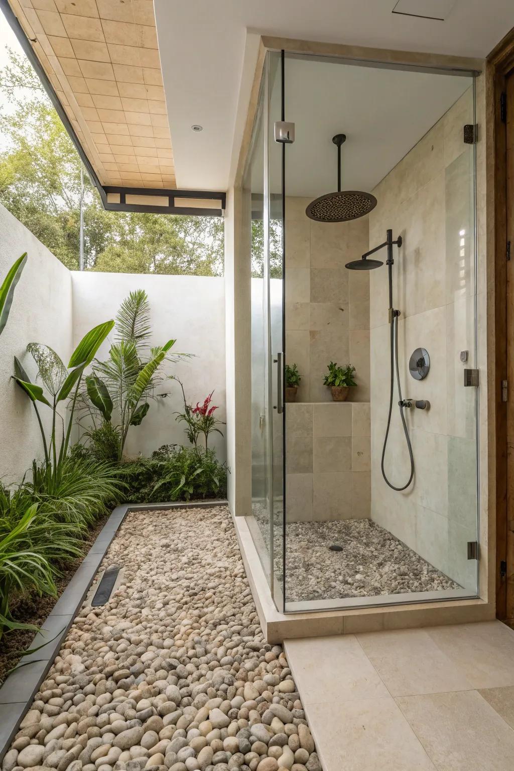 Pebble-tiled floors add a natural, tactile element to the shower.