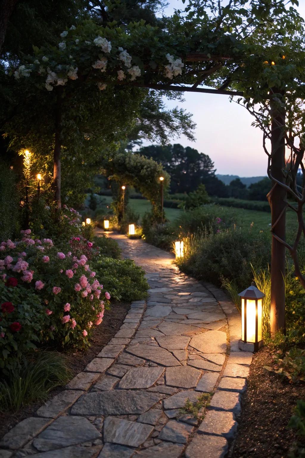 A stone walkway beautifully lit by solar lights.