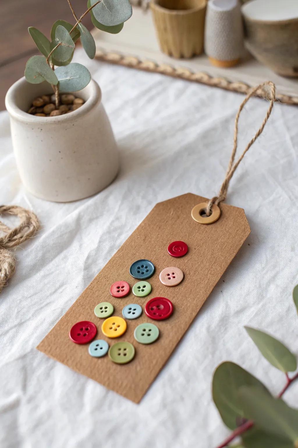 Add a playful twist to your gifts with button-embellished tagsâwhere simplicity meets charm.