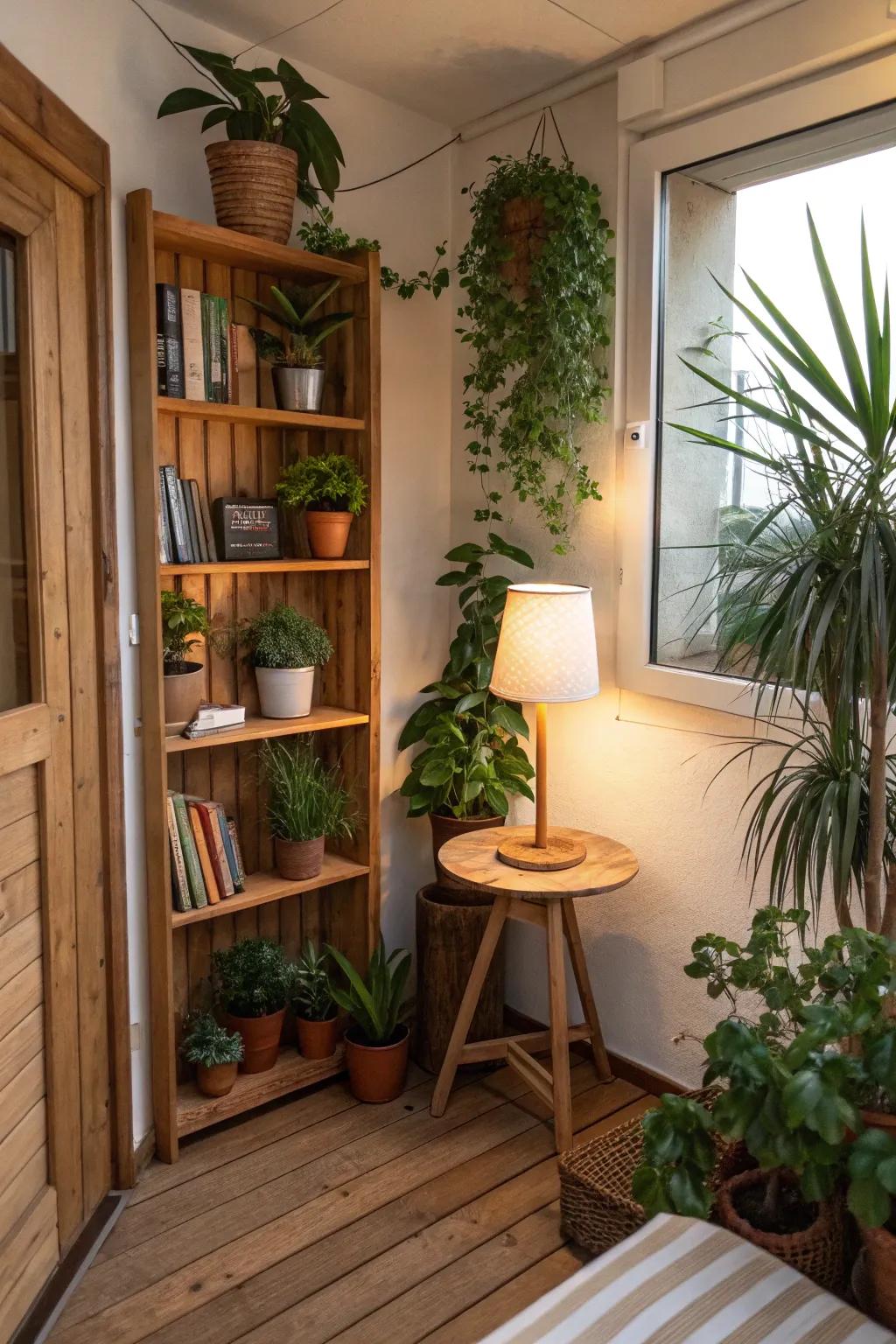 Indoor plants and natural materials bring a calming effect to a small nook.