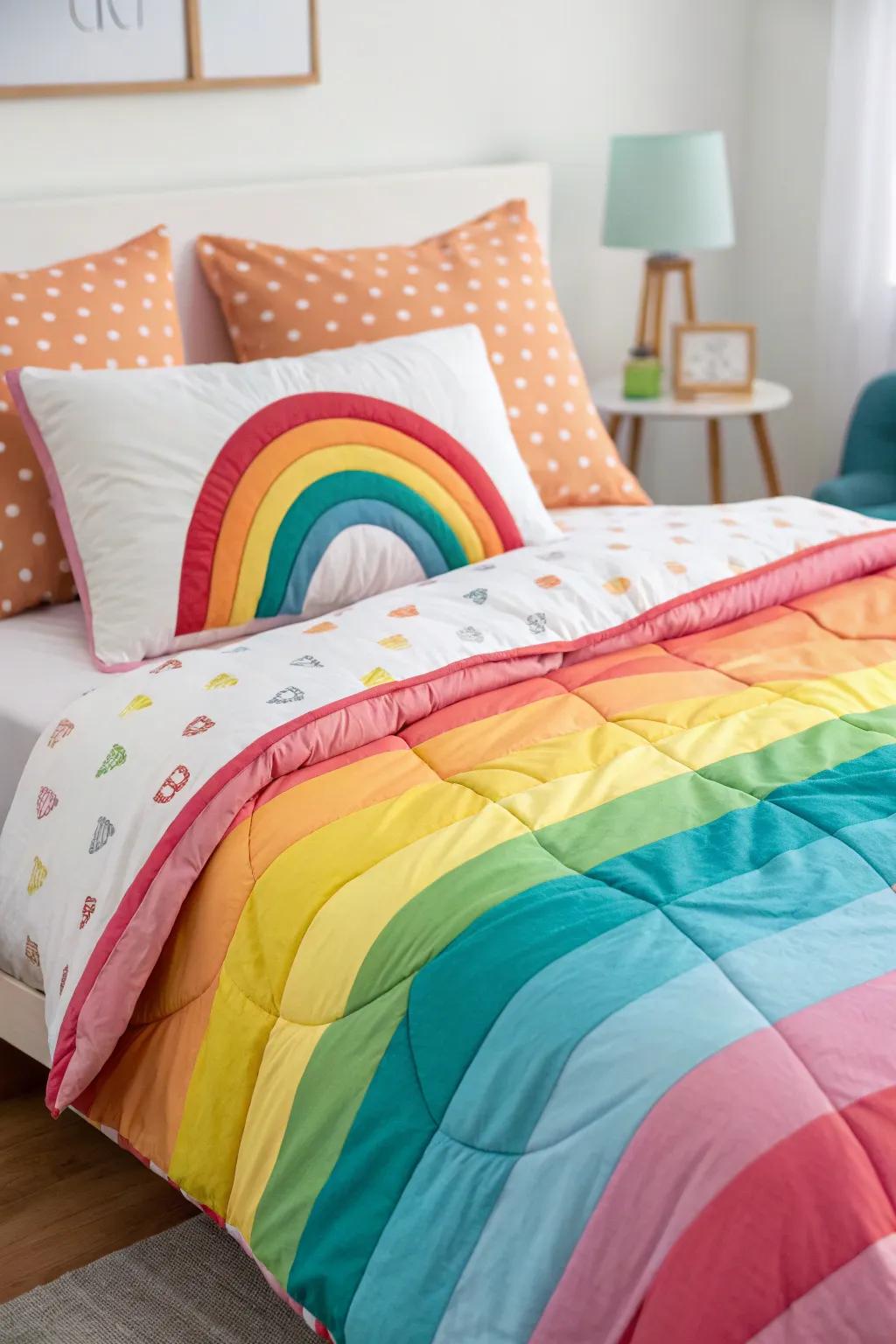 Rainbow bedding adds a splash of color and coziness.