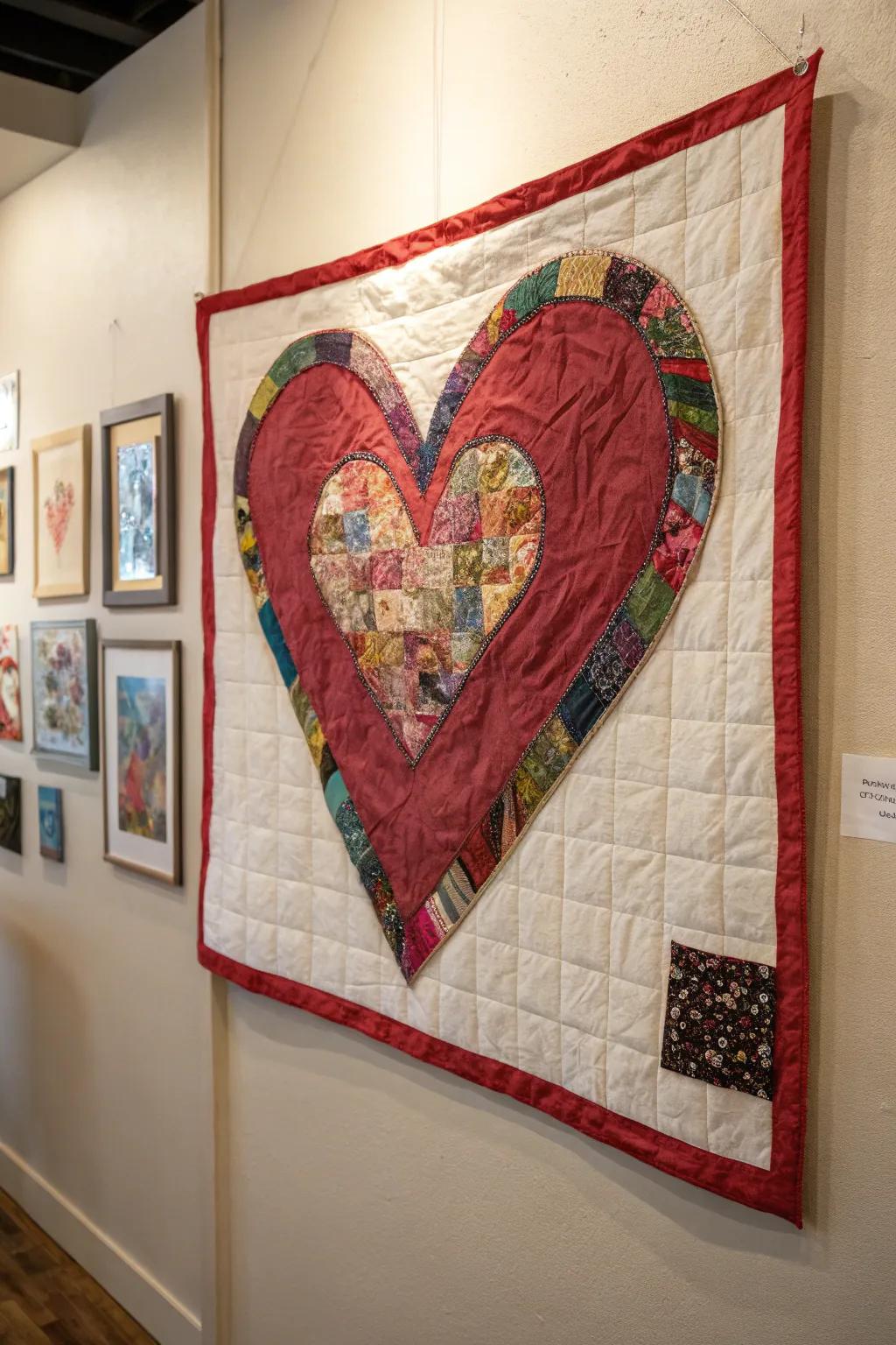 Textured heart artwork using fabric and paper materials.