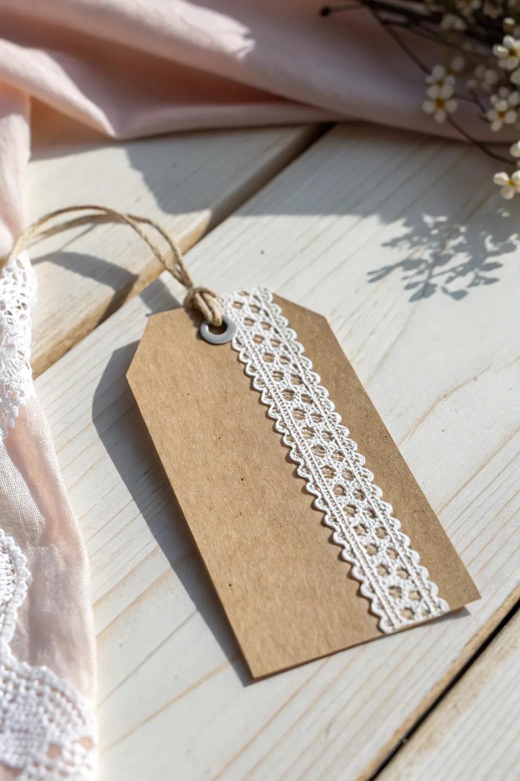 Add a touch of elegance to your gifts with lace-adorned tags, perfect for a chic and feminine presentation.