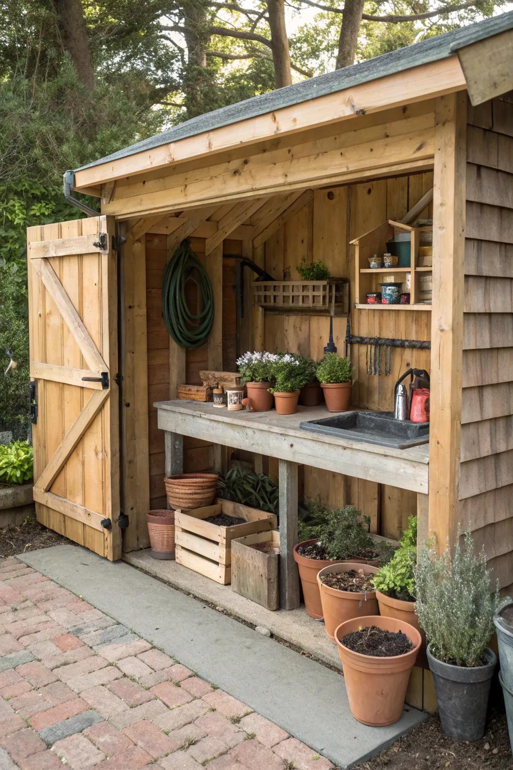 A potting bench adds a touch of gardening charm to a rustic garage.