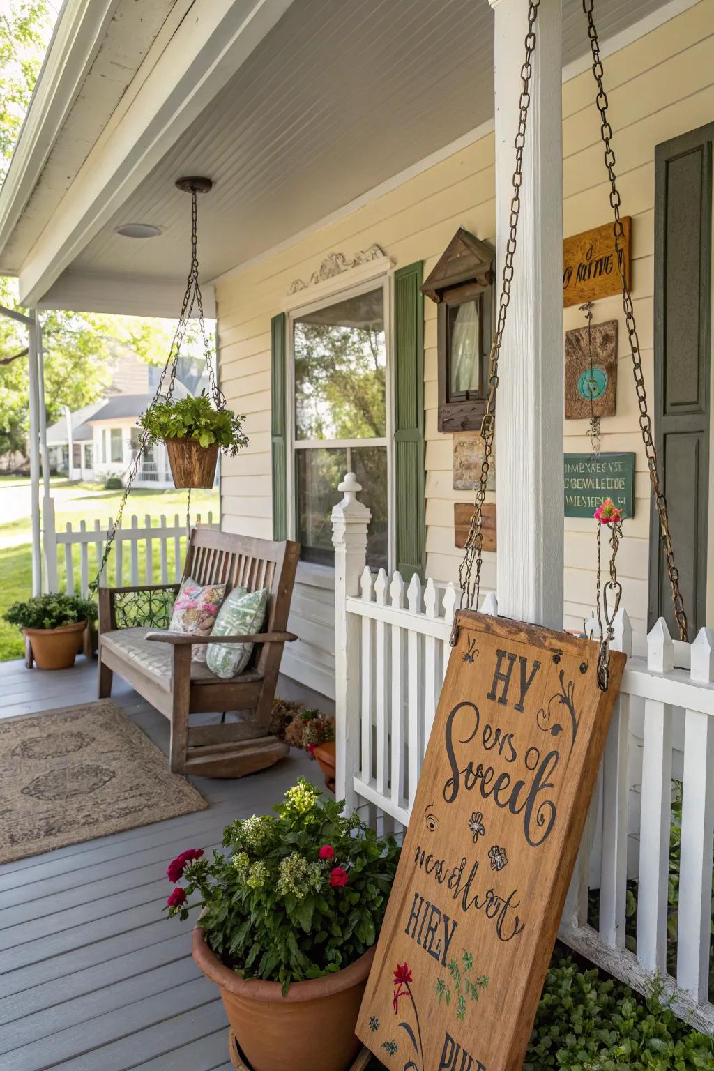 Personalized artwork adding character to a large front porch.