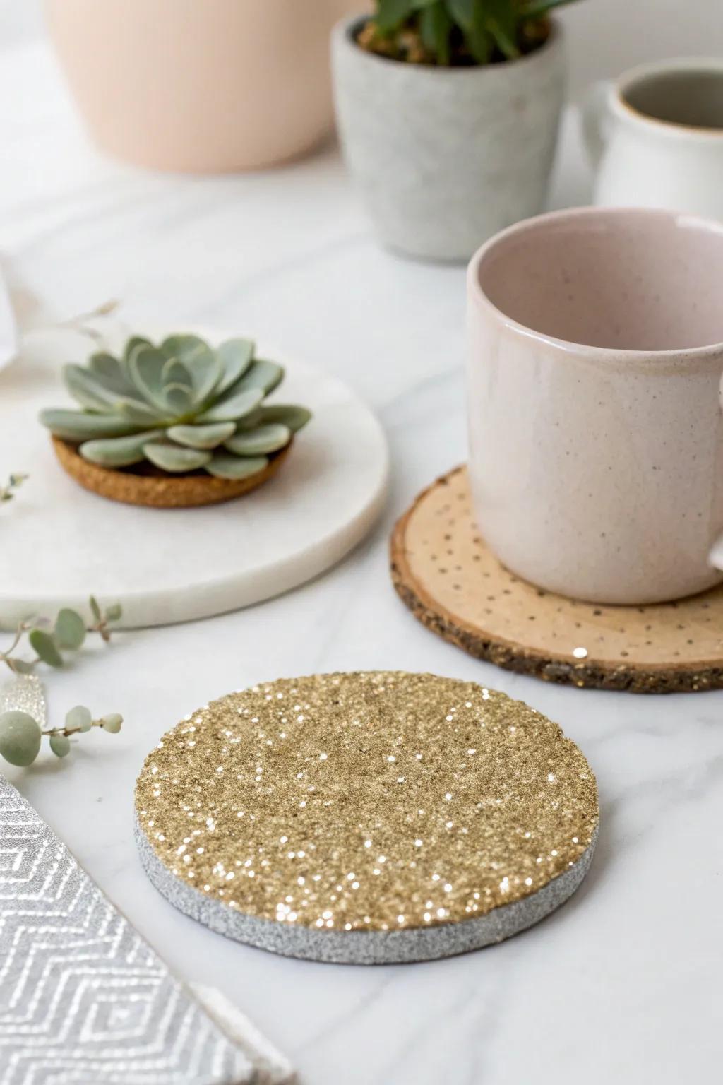 Add a touch of sparkle to your coffee break with these chic glitter coasters, where simplicity meets elegance.