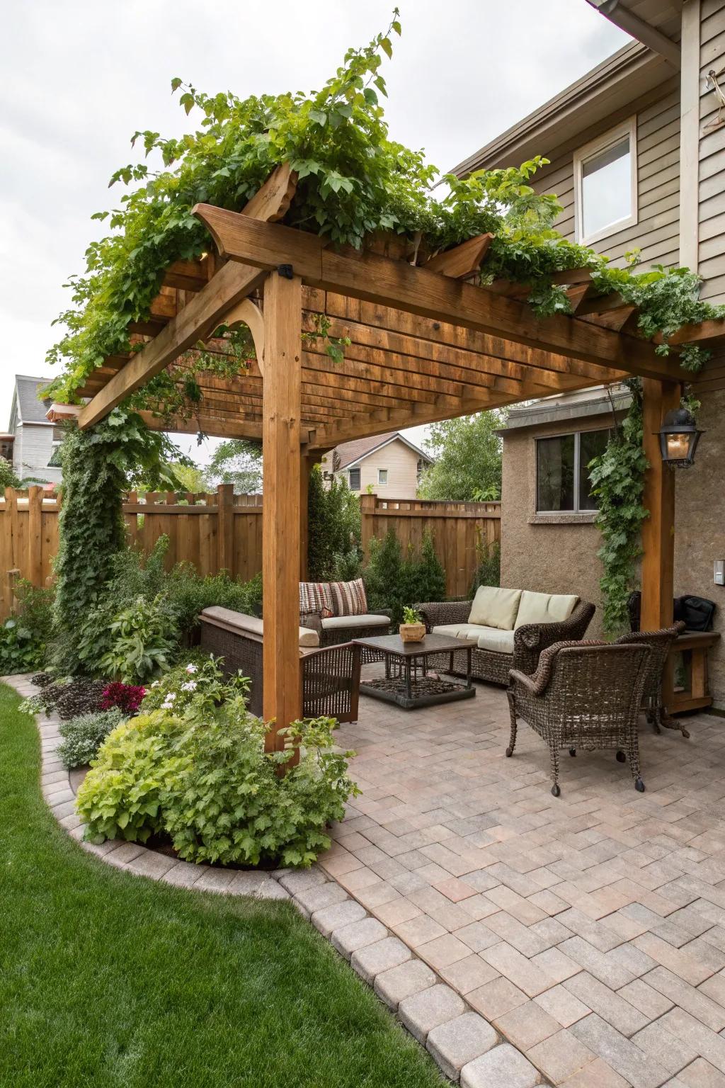 A stylish wooden pergola shading a cozy seating area on the patio.