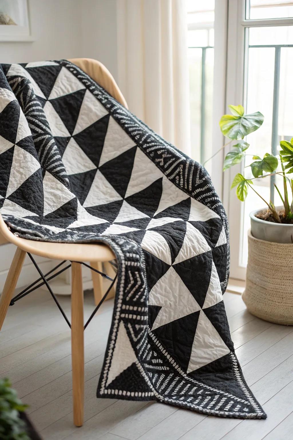 Discover the artistry of geometric design with this stunning black and white quilt, where modern meets boho elegance.