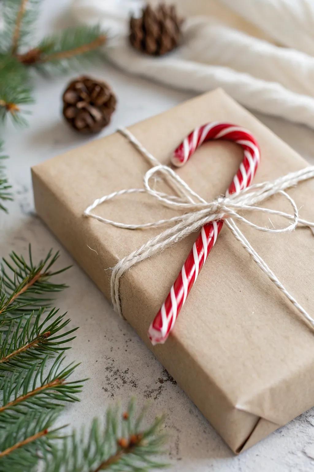 Add a dash of festive joy with a whimsical candy cane on your gift.