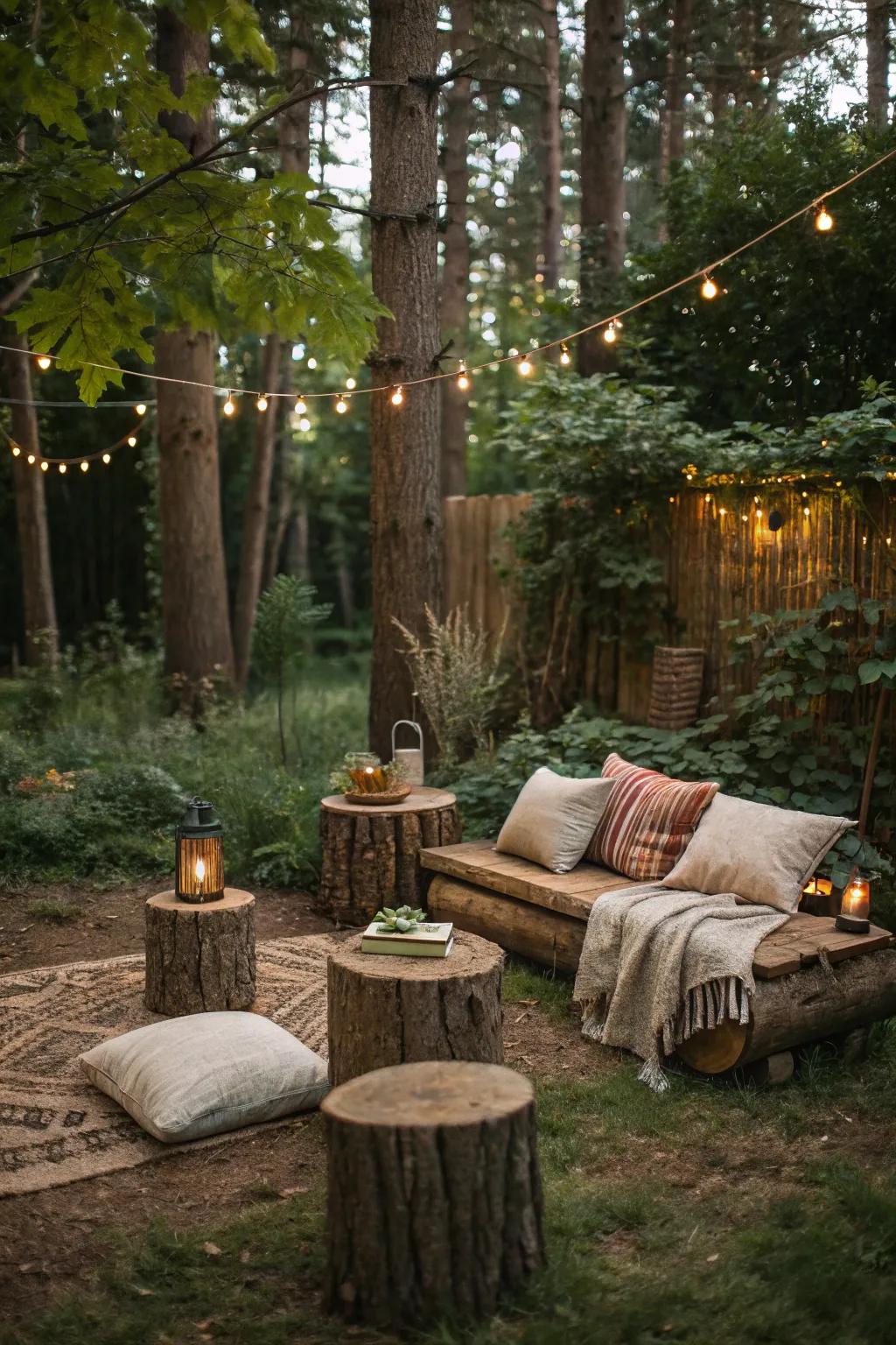 Cozy seating areas invite relaxation in your backyard forest.