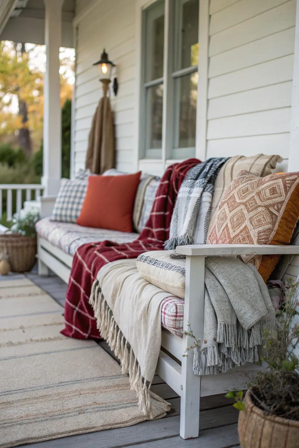 Layers of textiles add warmth and comfort to your porch.