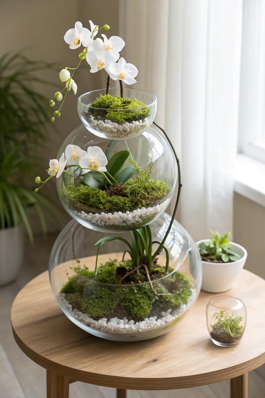 Elevate your space with the elegance of a tiered orchid terrarium â a perfect blend of simplicity and natural beauty.