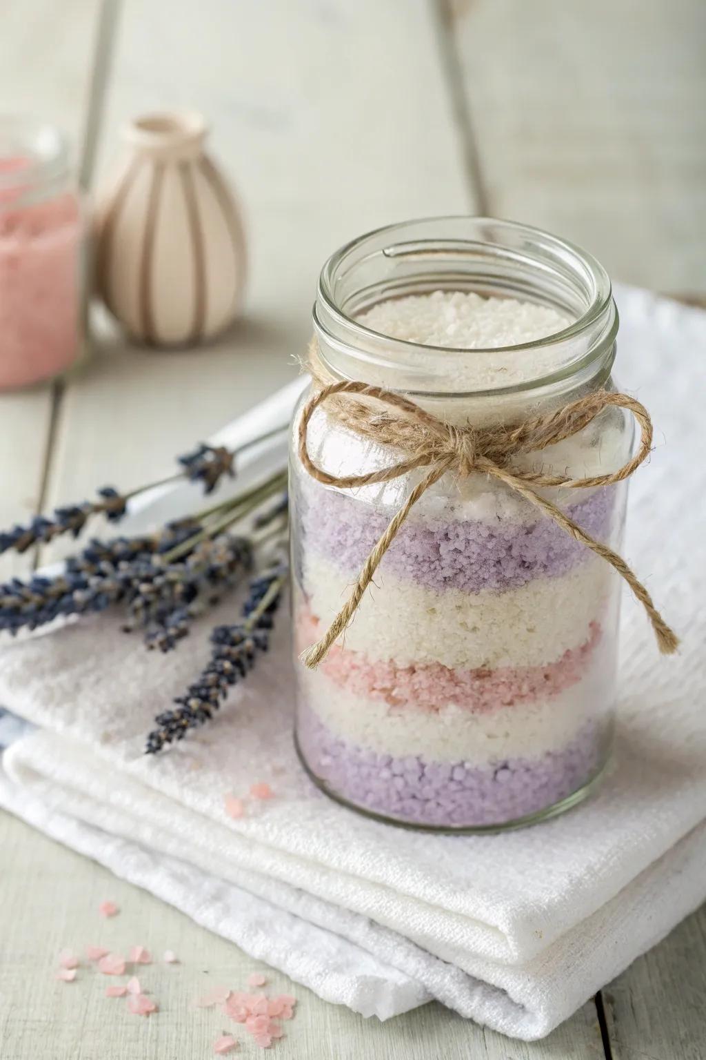 Elevate your self-care routine with these beautifully crafted DIY bath salts in a mason jar.