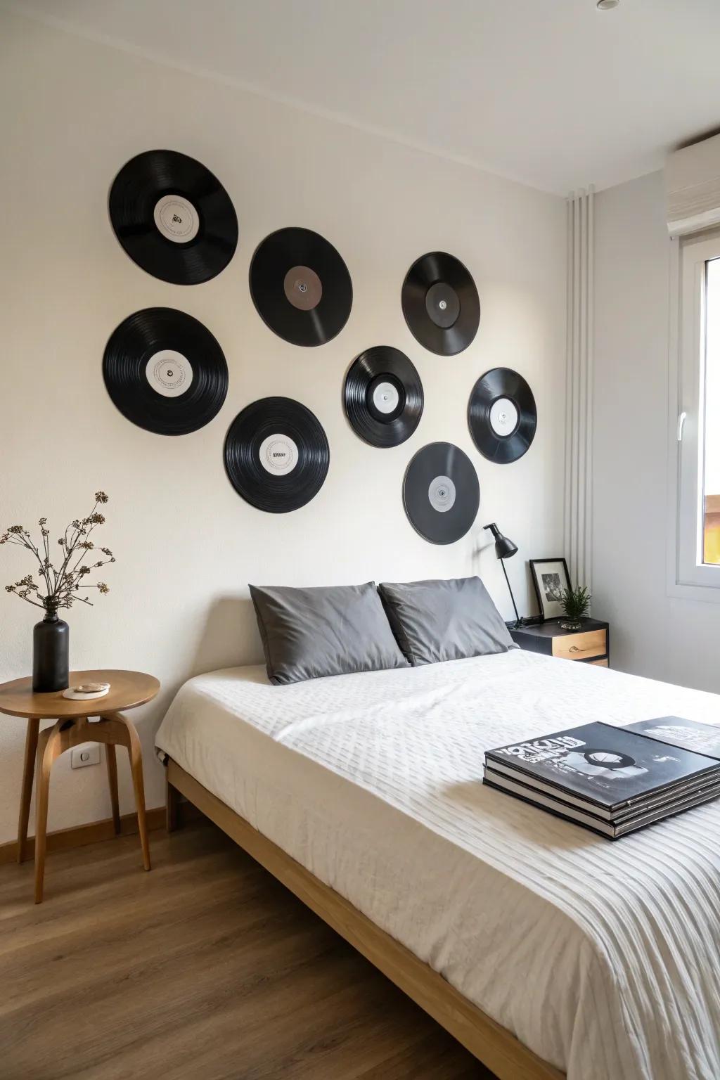 A monochrome vinyl display adds elegance to any room.