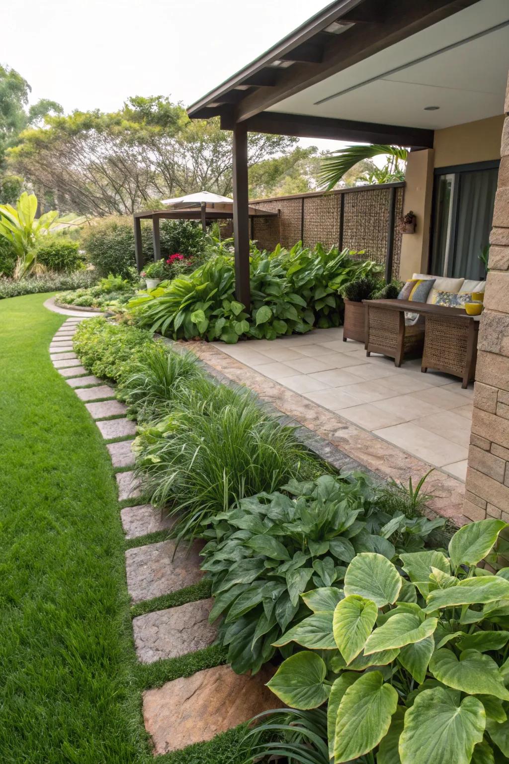 Plant borders bring life and color to the patio edge.