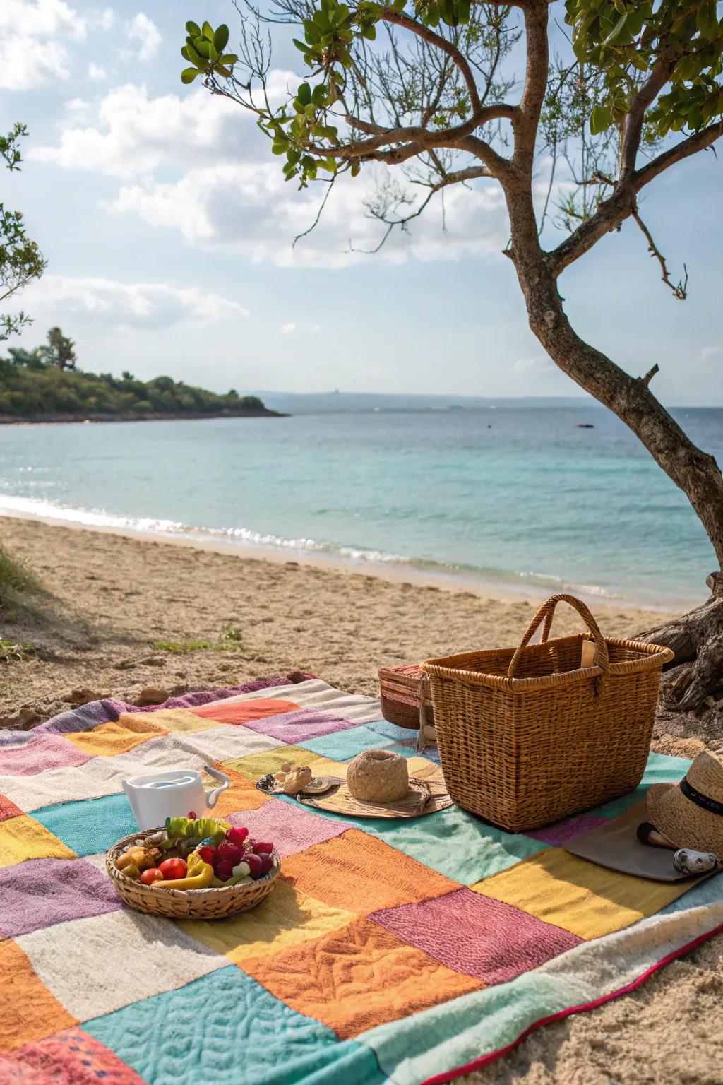 A peaceful beachfront picnic with the ocean as the backdrop.