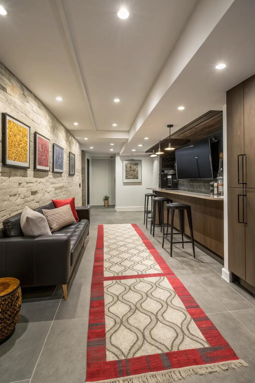 Rugs can create distinct zones and enhance design.