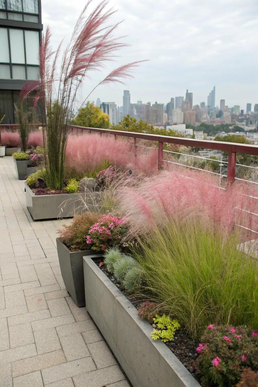 Bring life to small spaces with container-grown pink muhly grass.