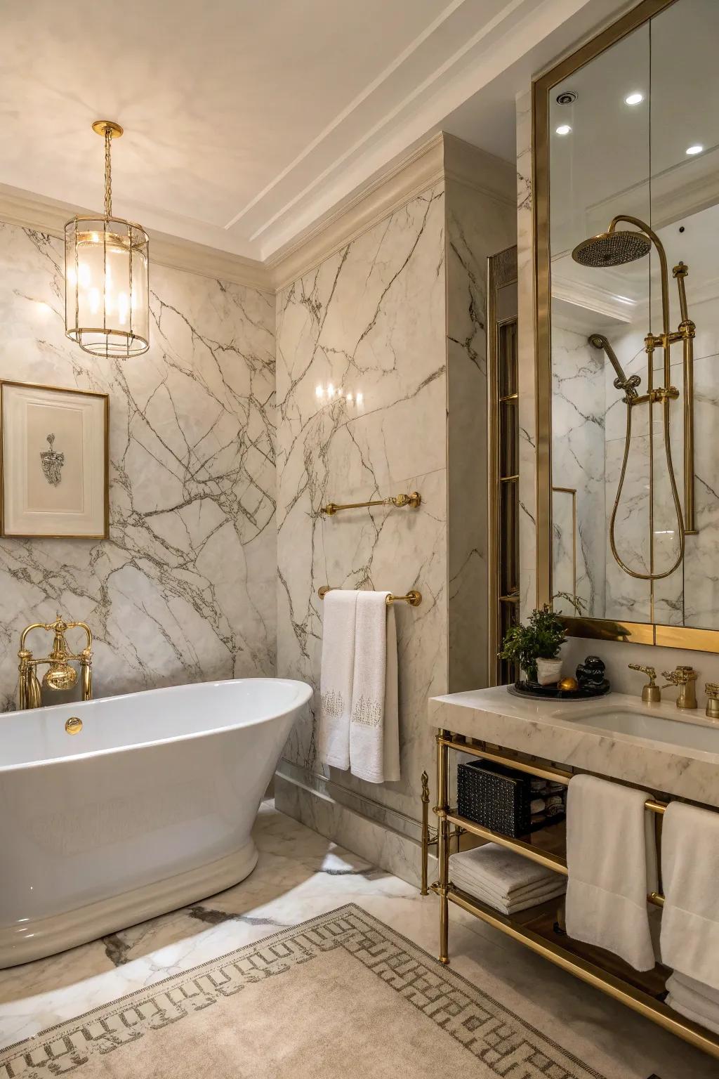Faux marble panels add a touch of luxury to this sophisticated bathroom.
