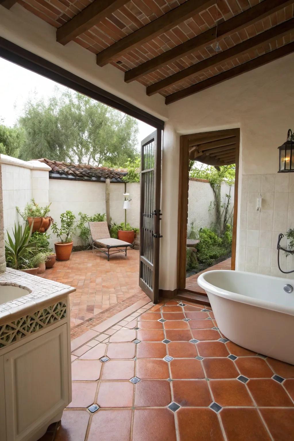 A bathroom with Saltillo tile flooring continuing seamlessly to an outdoor patio.