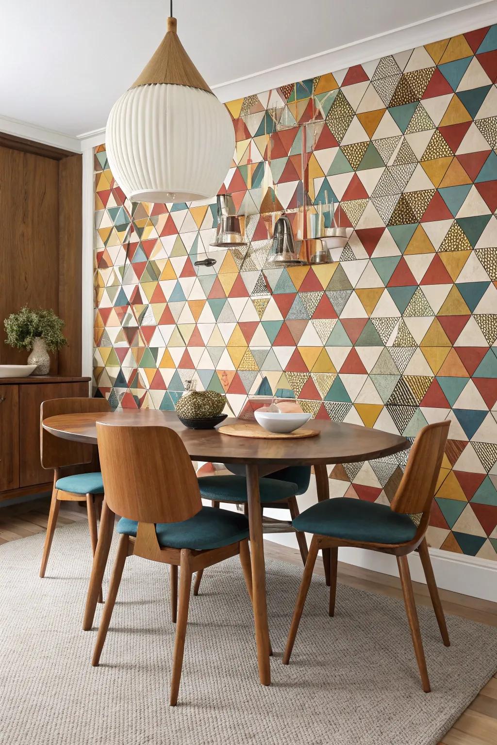 Dining room featuring bold geometric wallpaper and classic wooden furniture.