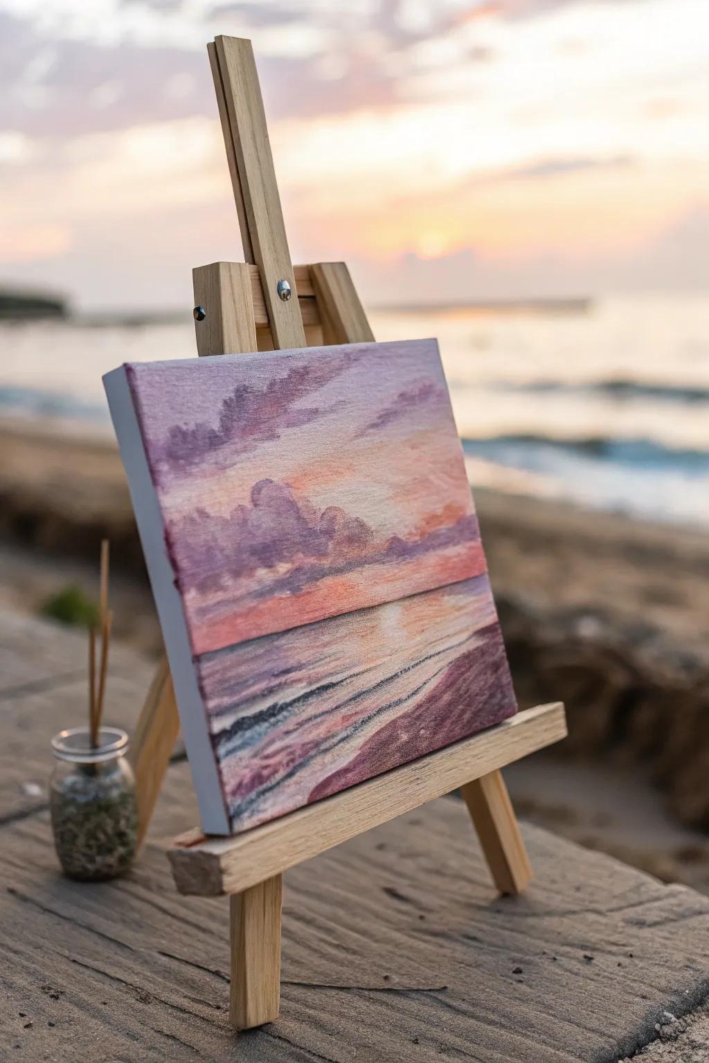 Dreamy pastels meet serene shores in this minimalist watercolor sunset.