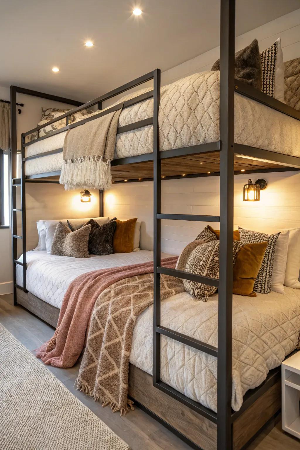 Textural richness in fabrics enhances the luxurious feel of these quad bunk beds.