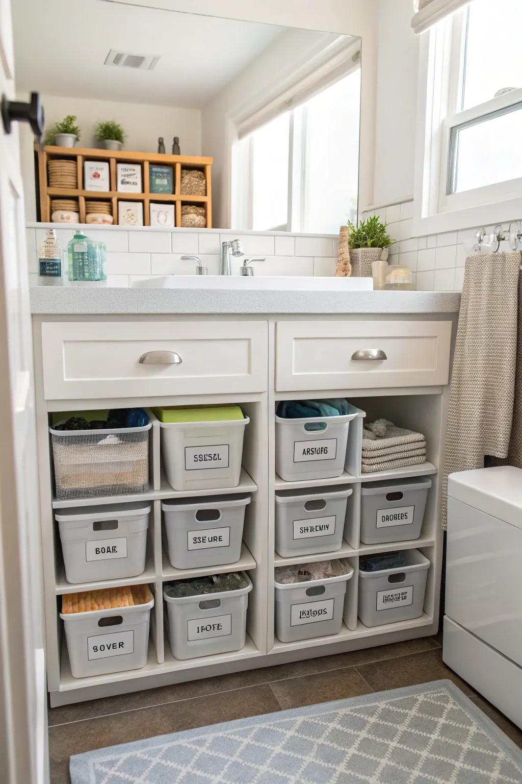Efficient under-the-sink storage keeps the bathroom neat.