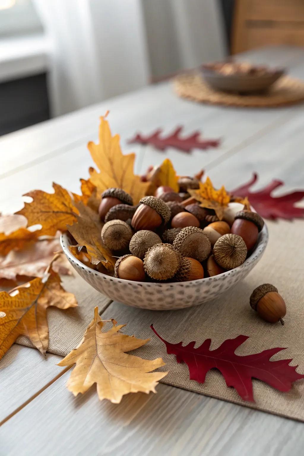 Bring the magic of the forest to your table with a simple yet stunning acorn and leaf centerpiece.