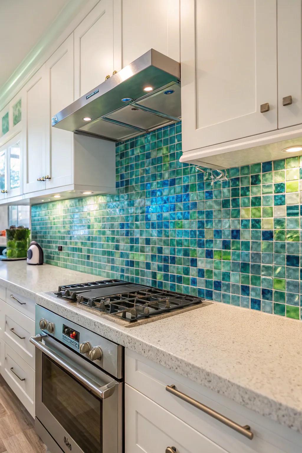 A kitchen with a vibrant mosaic glass tile backsplash in aquatic colors.