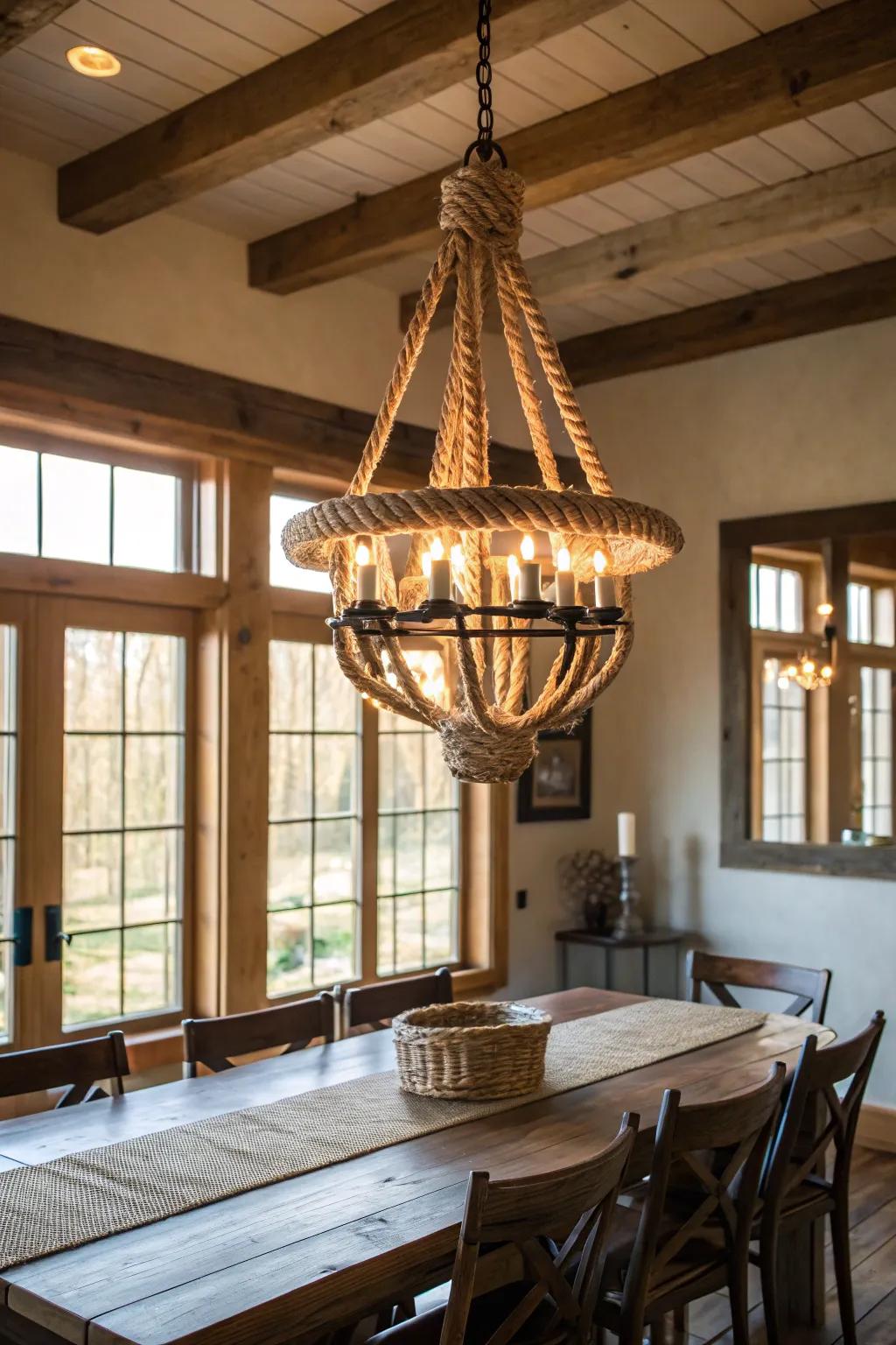 Rope-wrapped chandeliers create a coastal farmhouse charm.