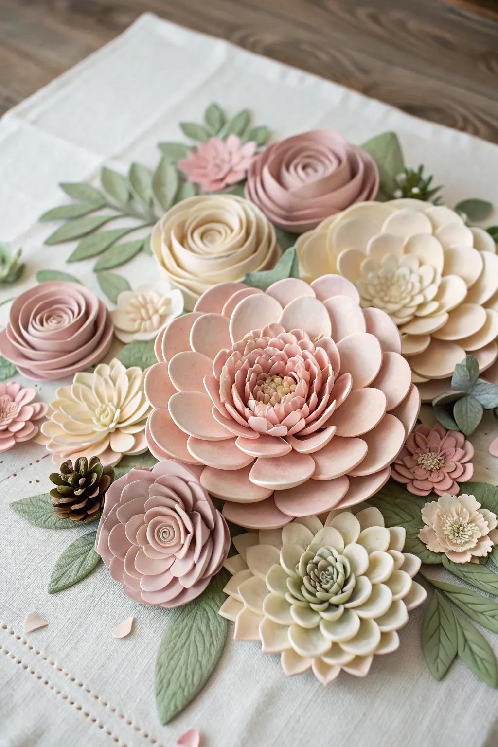 Discover the beauty of simplicity with this layered clay flower collage, where craftsmanship meets natural elegance.