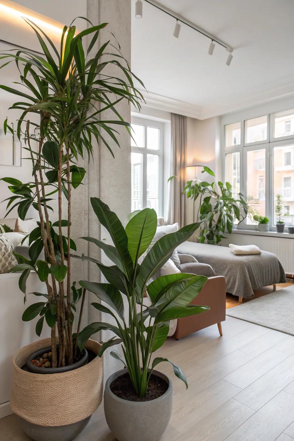 Plants are a natural and refreshing way to define different areas in your apartment.