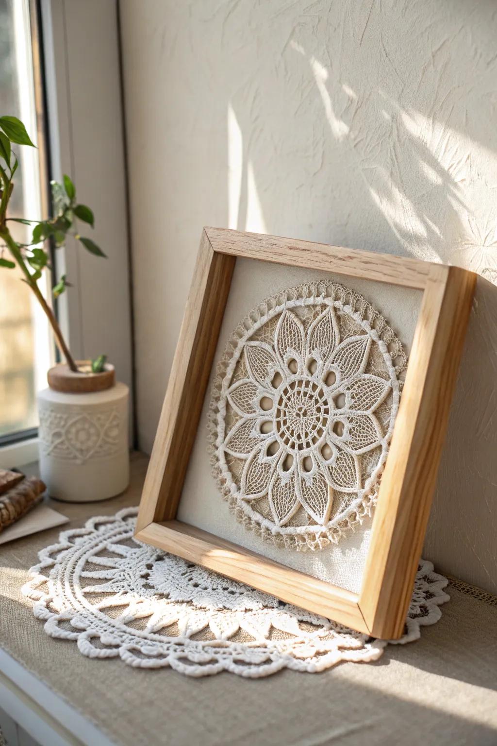 Elevate your decor with a touch of timeless eleganceâdoily in a shadow box.