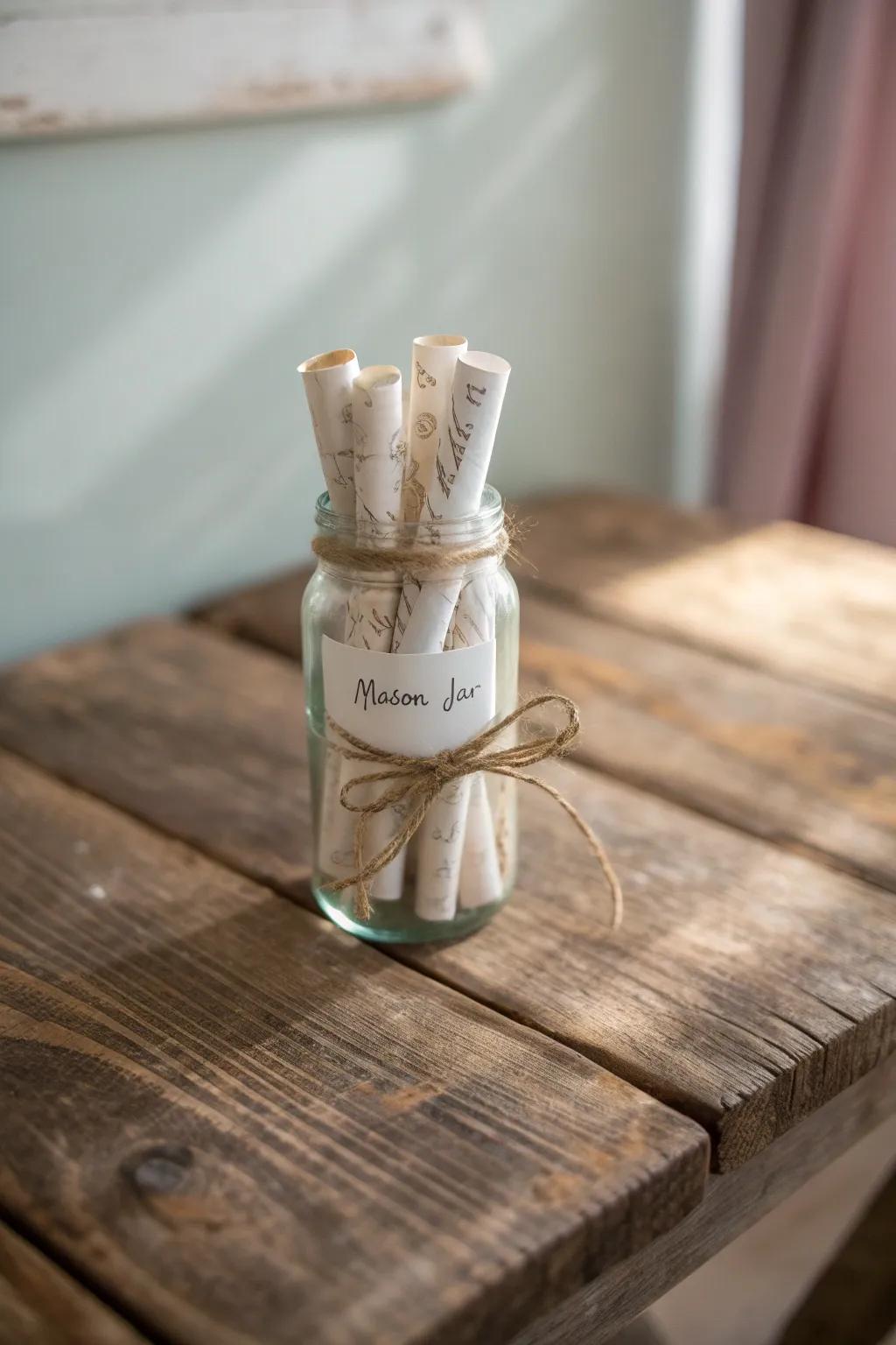 Capture the warmth of personalized messages with these charming mason jar favorsâperfect for a touch of positivity and elegance.