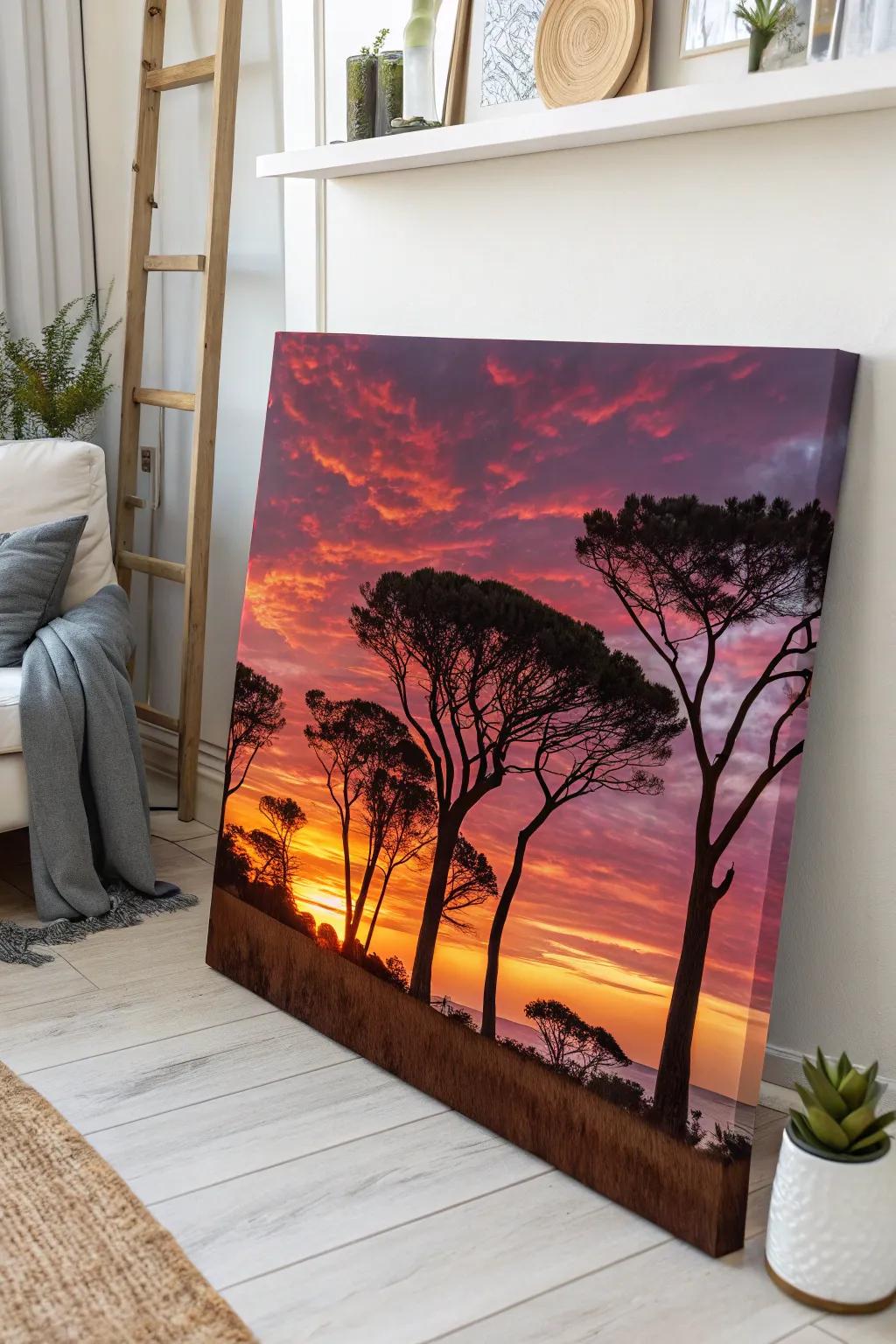 Embrace the serene beauty of nature with a minimalist sunset silhouette painting, where vibrant hues meet elegant simplicity.