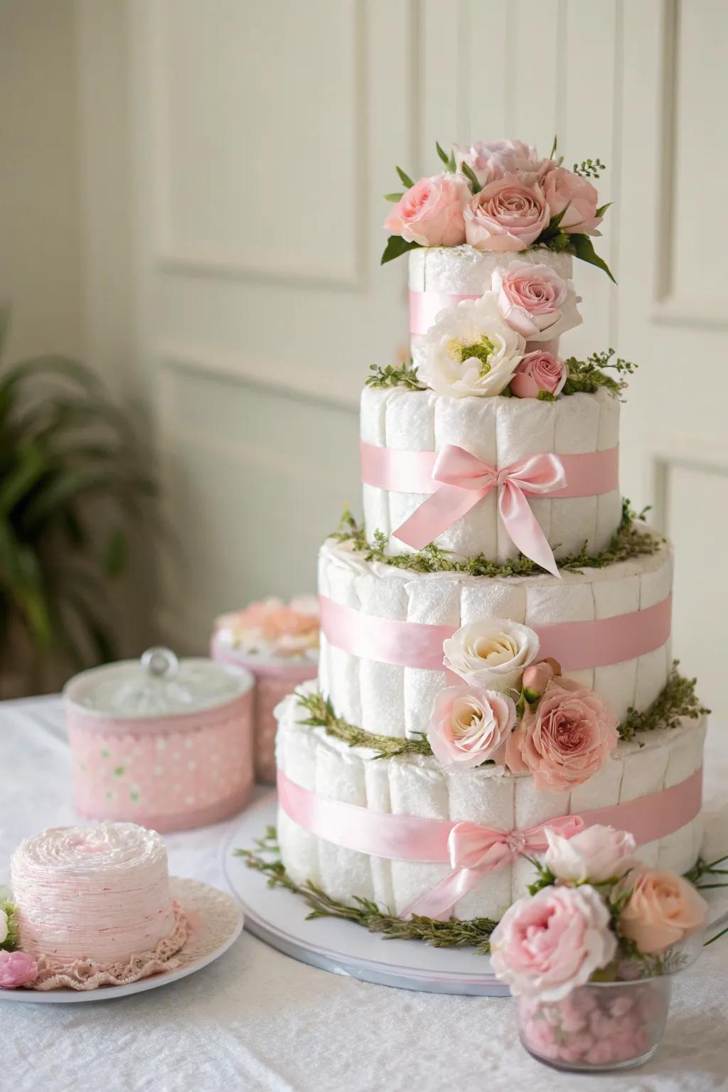 Transform your baby shower into a Floral Fantasy with this charming princess diaper cake, a perfect blend of elegance and whimsy.