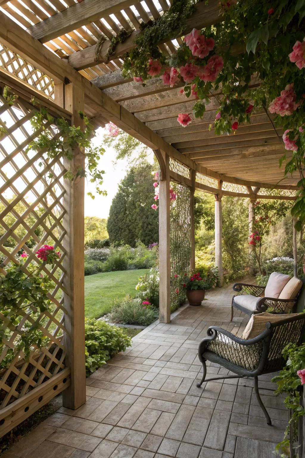 Enjoy the outdoors with a shaded retreat under a lattice-covered pergola.
